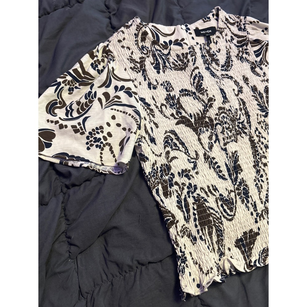 ME+EM Women's Cream Brown Paisley Smocked Puff Sleeve Blouse Size 4 - Picture 2 of 7